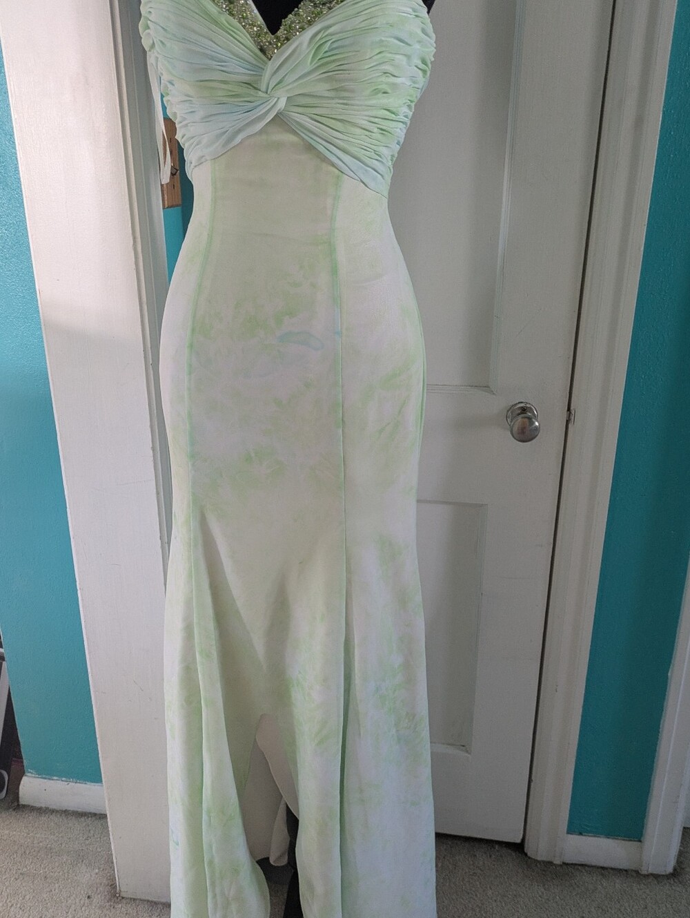 Mystique Boutique Pale Green Tie-Dye Prom Gown Flowy Mermaid